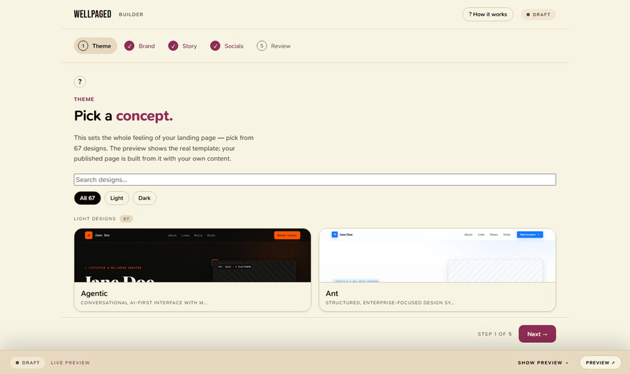 Wellpaged builder — Theme step